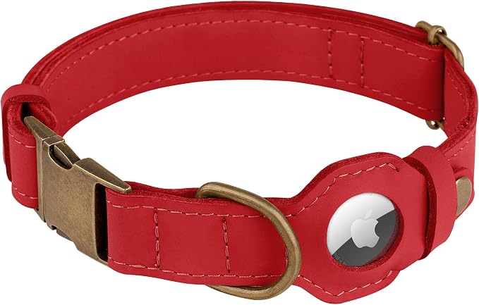 AirTag Dog Collar - Genuine Leather Dog Collar with Apple AirTag Holder and Metal Buckle - Smart GPS Tracking Pet Collars (Red, M, 14"-18" Neck Fit)