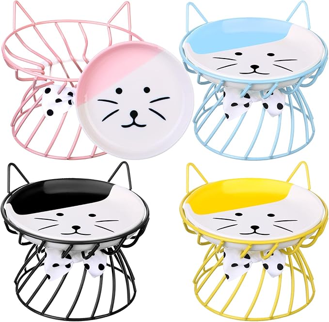 Cat Feeder, 4 Pcs Elevated Ceramic Cat Bowls with Metal Stand, Whisker Friendly, Anti Vomit, Dishwasher Safe, for Dog Pet (Multicolor)