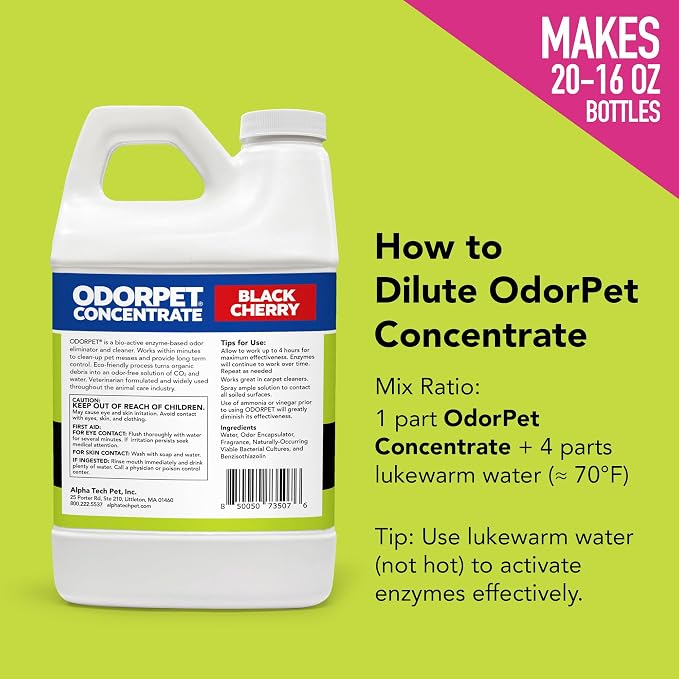 ATP OdorPet Concentrated Stain and Odor Remover, Black Cherry, 64 Fl Oz | Industrial grade, pH-neutral cleaner for dog and cat urine, feces, and vomit. Safe on carpets, furniture, artificial turf.