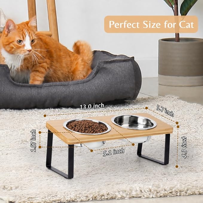 Elevated Cat Food Bowl for Indoor Cats, Raised Water Bowl Set for Kitten | Whisker Friendly, Anti Vomit, Easy Assembly, Bamboo, Dishwasher Safe, Stainless Steel, Pet Dish, Feeding Station for Puppy