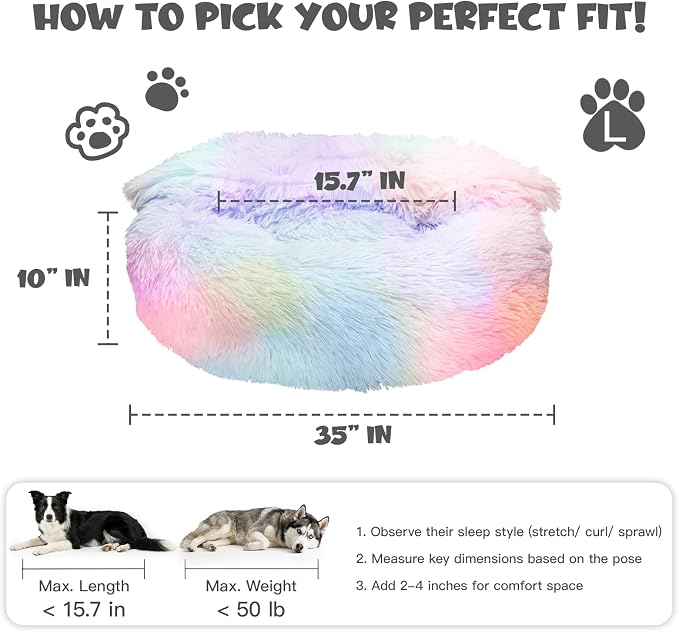 Himax Covered Large Dog Bed with Blanket Attached Calming Burrow Multicolor | 35in Anti-Anxiety Donut dog bed with cover, Washable Round Fluffy Pet& Cat Beds for Indoor