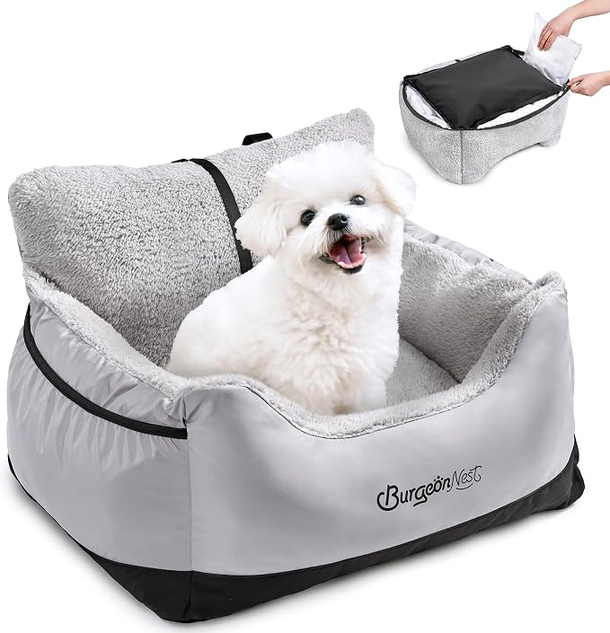 BurgeonNest Dog Car Seat for Small Dogs & Cats Under 25 lbs, Black Grey