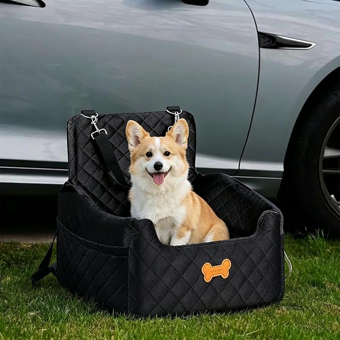 Dog Car Seat for Small Dogs, Dog Booster Seat Filling in Thick Memory Foam with 2 Safety Leashes and Storage Pocket, Suitable for Pet Under 30lb or 2 Puppies (Black)