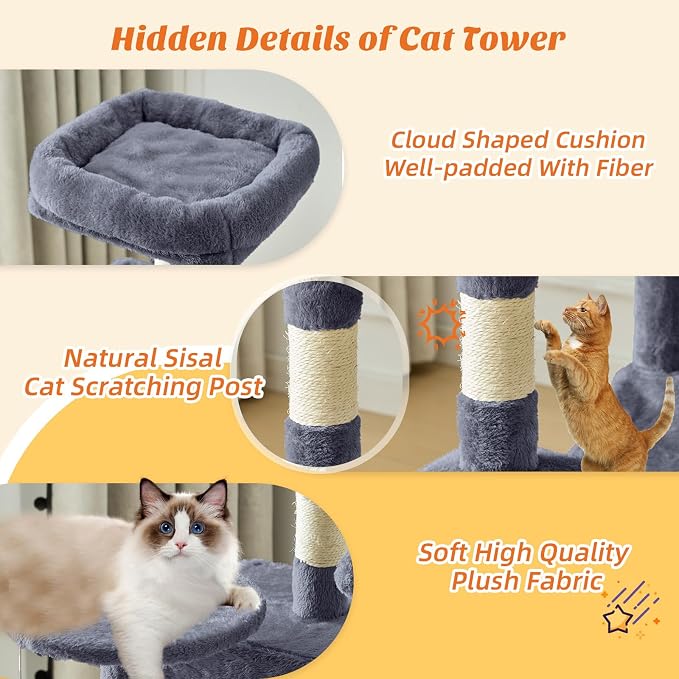 Cat Tree Tower 44 Inch for Indoor Kittens and Cats, Grey | Small Cat Tower with Condo, Hammock, Sisal Scratching Posts, Extended Perch