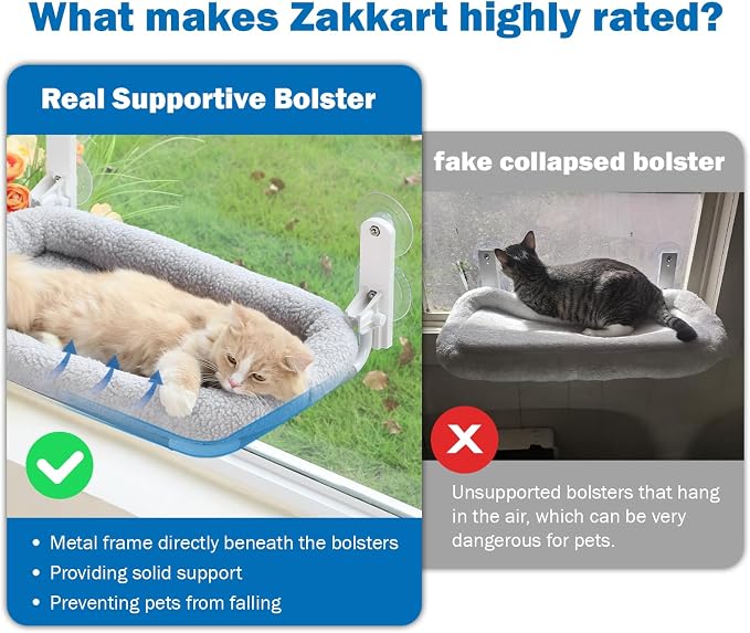 Zakkart Foldable Cat Hammock for Window - Cordless, Embeded Machine Washable Bed, Robust Metal Frame - Cat Window Perch for Large Cats and Kittens (Gray Bolster Bed, Large)
