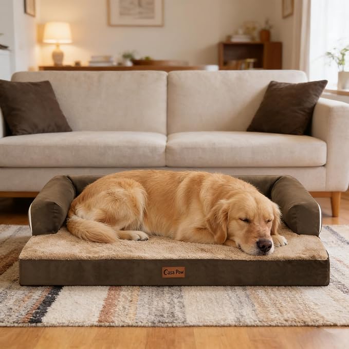Orthopedic Washable Dog Bed for Large Dogs, 36x27in, Brown | Orthopedic Foam Eases Joint Pressure, Bolsters Supports Head And Neck, Washable Pet Beds, Removable Cover, Non-Slip Bottom