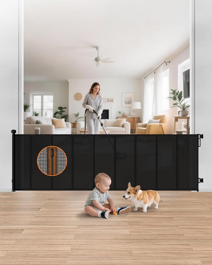 100" Extra Wide Retractable Baby Gate, Extra Long Indoor Pet Gate | 34“ Tall Mesh Dog Gate with 8 Reinforced Rods for Added Stability, for Family Rooms, Open Concept Areas & Play Areas, Black