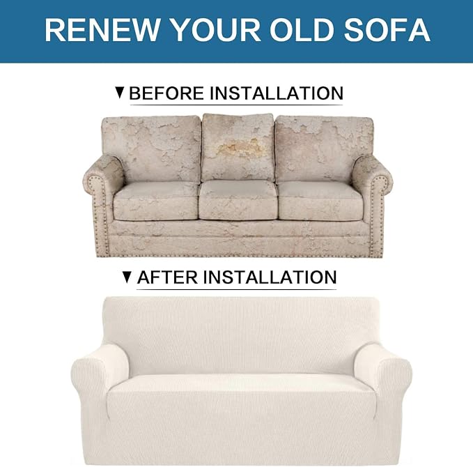 H.VERSAILTEX Stretch Couch Cover 2 Cushion Sofa Loveseat Slipcover|Sofa Cover for Love seat 1 Piece with Elastic Bottom, Textured Checked Jacquard Fabric(Loveseat 58"-70" Wide, Ivory)