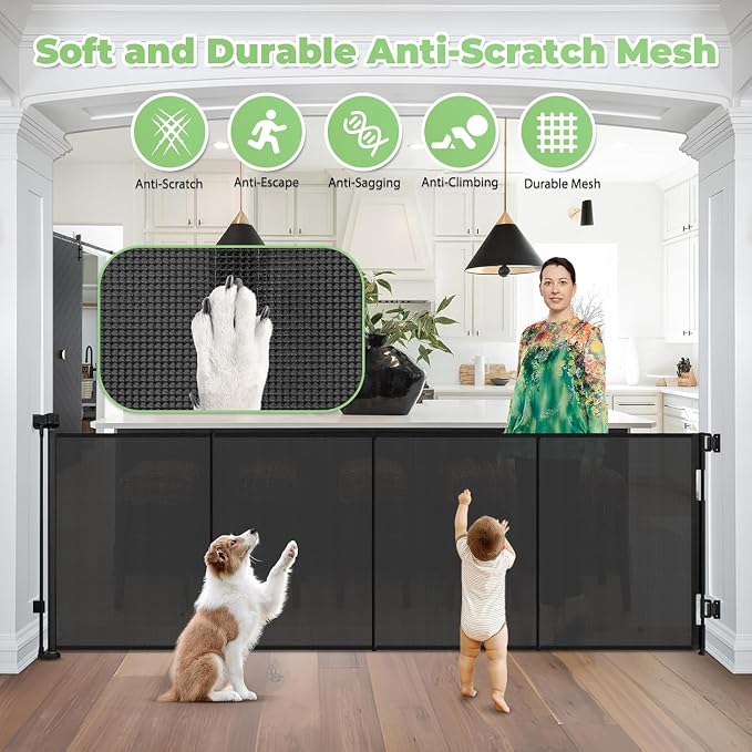 Reinforced 155" Extra Wide Baby Gate Retractable Dog Gate, Indoor/Outdoor | Retractable Fence for Large Openings, Space-Saving, Easy to Use, Scratch-Resistant Mesh, Safety Lock, Easy Install, Black