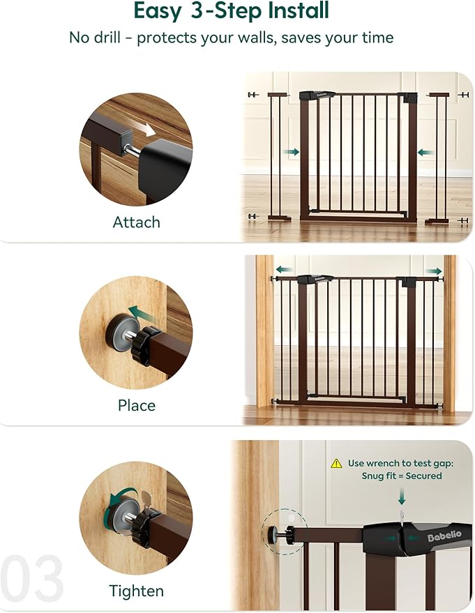 Babelio Pressure Mounted Baby Gate for Stairs, 29-48" Wide Dog Gate Indoor | Triple-lock system; Pressure/wall mount Auto-close; 200N impact tested; Easy Install for Doorways, Kitchen, Hallway, Brown