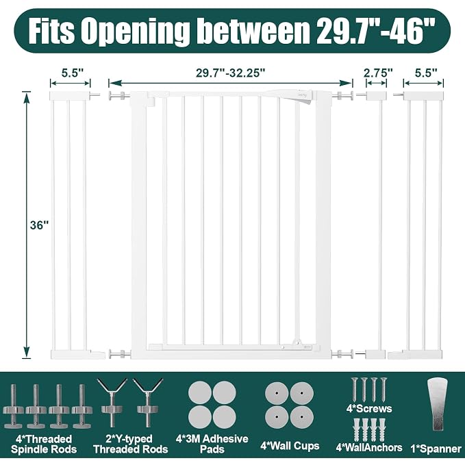 keny 36" Extra Tall Baby Gate for Doorways, Fits 29.7" to 46" Openings | Auto Close Pressured Mounted Dog Gate for Stairs, No Drilling Easy Install Pet Gate, White
