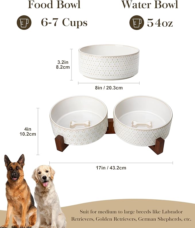 MALACASA Dog Bowl Set, Ceramic Bowls with Walnut Wood Stand, 6 Cups | Five-leaf grass and honeycomb design, non-slip base, for dogs, about 26% heavier than similar ceramic bowls