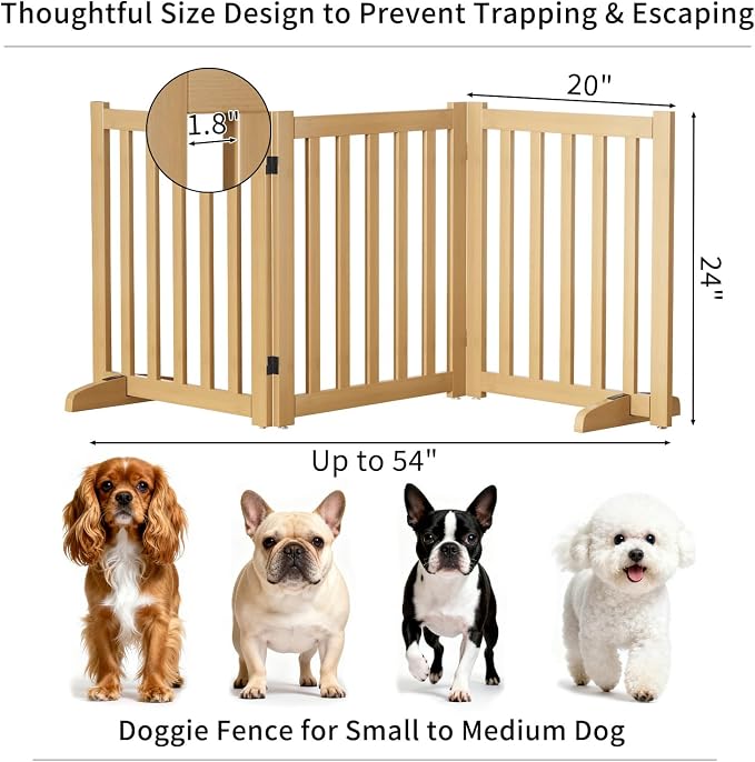 Wooden Freestanding Foldable Dog Gate, 24 Inch Height 3 Panel Pet Gate No Drill for Doorways Stairs, Fully Assembled Indoor Puppy Fence (Wood Color, 60" W x 24" H)