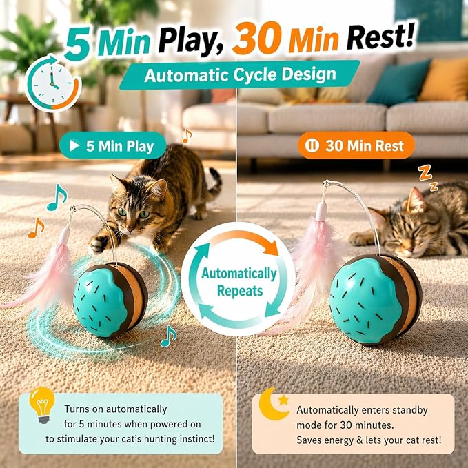 Interactive Cat Toys for Indoor Cats, Automatic Rechargeable Rolling Ball | Realistic Bird Chirping Sound, 6-Color Breathing Light Wand, Feather & Tail Attachments included, Large 3-Inch Ball Design