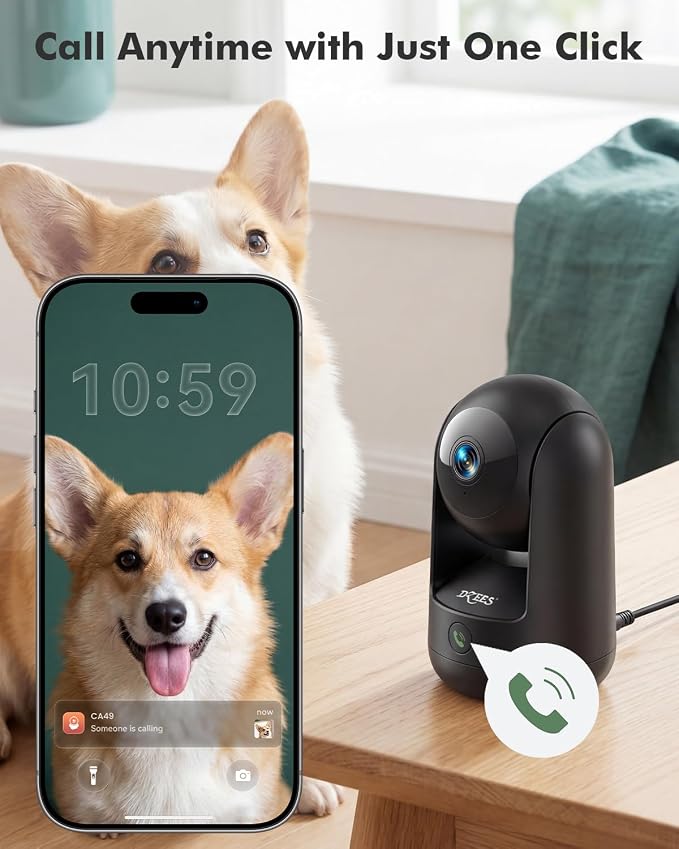Dzees 2K Indoor Security Camera, 360° WiFi Pet Camera with Phone App | 5GHz and 2.4GHz WiFi, wired design, 2-way audio, motion tracking, night vision