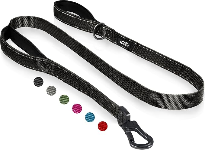 TwoEar 5FT 1IN Strong Black Dog Leash with 2 Padded Handles, Traffic Handle Extra Control, Comfortable Soft Dual Handle, Auto Lock Hook, Reflective Walking Lead for Small Medium and Large Dogs | Traffic Handle Extra Control, Auto Lock Hook, Strong Refl...