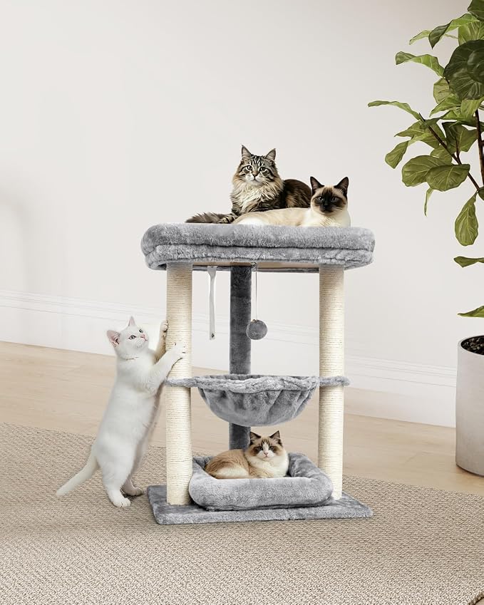 SYANDLVY Small Cat Tree for Indoor Cats with Top Perch Hammock & Bottom Bed | Natural Sisal Scratching Post Tower with Hanging Bell Ball & Anti-Tip Strap, Stable Indoor Cat Furniture, Grey