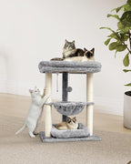 SYANDLVY Small Cat Tree for Indoor Cats with Top Perch Hammock & Bottom Bed | Natural Sisal Scratching Post Tower with Hanging Bell Ball & Anti-Tip Strap, Stable Indoor Cat Furniture, Grey