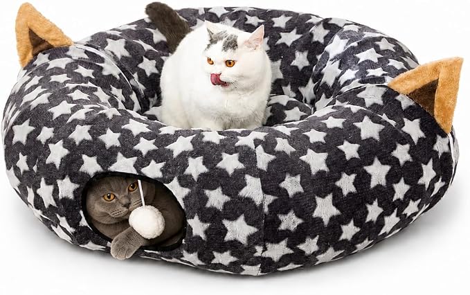 Large Cat Tunnel Bed Under Christmas Tree with Fluffy Toy Balls, Small Cushion and Flexible Design- 10 inch Diameter, 3 ft Length- Great for Cats, and Small Dogs, Gray Star Pattern