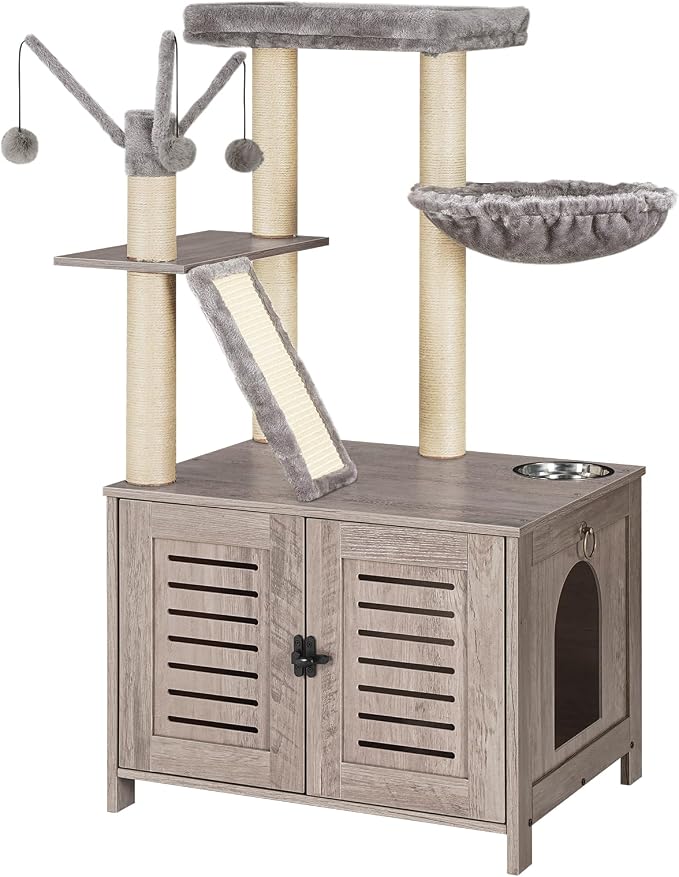 HOOBRO Cat Tree with Litter Box Enclosure, 44" Tall Wooden Cat Tower with Scratching Posts, Cat Hammock, Hidden Litter Box Furniture, All-in-One Indoor Cat Condo, Greige BG48MZ03