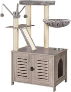 HOOBRO Cat Tree with Litter Box Enclosure, 44" Tall Wooden Cat Tower with Scratching Posts, Cat Hammock, Hidden Litter Box Furniture, All-in-One Indoor Cat Condo, Greige BG48MZ03