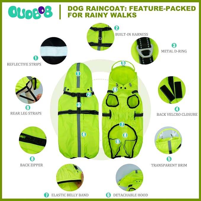 Dog Raincoat with Built-in Harness, Dog Rain Jacket with Clear Hood | Rain Coat For Medium Dogs, Doggy Poncho With Leash Hole, Reflective Strips, For Rainy Snowy Weather Walks, Hiking Camping, XL