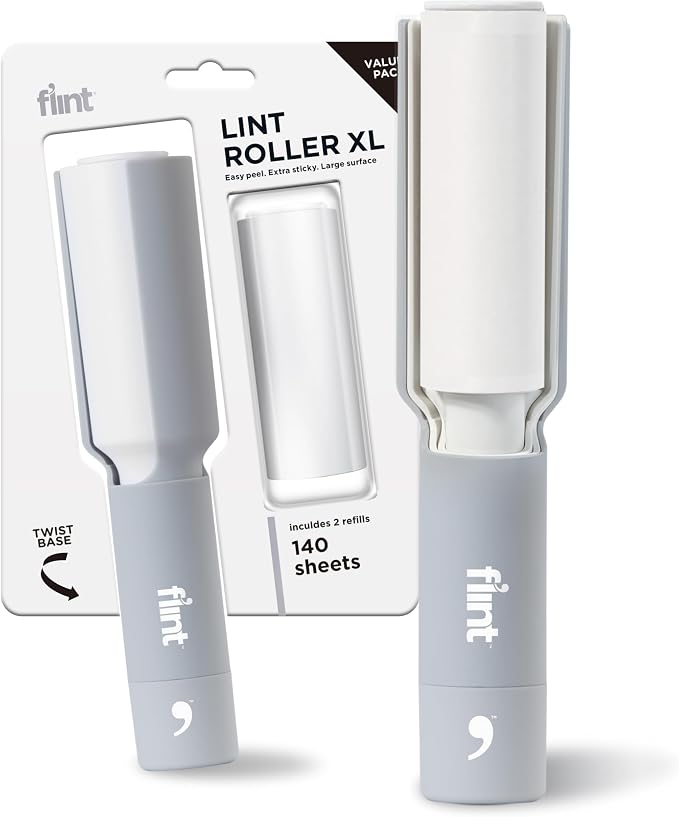 Plus XL Retractable Lint Remover & Pet Hair Roller for Clothes – Refillable & Reusable Lint Roller with 140 Extra Sticky Tear-Off Sheets – Value Pack, Light Grey