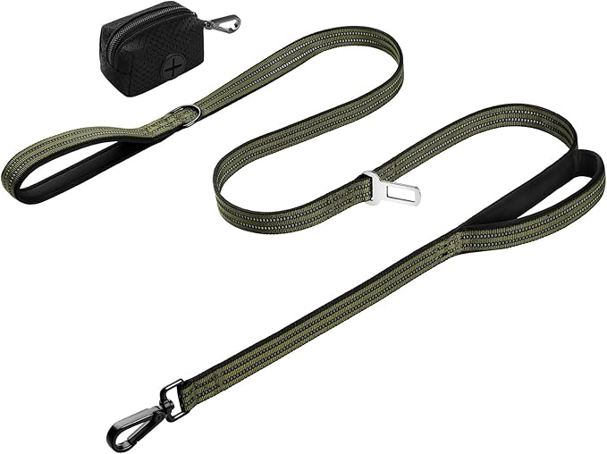 Double Handle Dog Leash with Poop Bag Holder and Car Seat Belt Buckle | Heavy Duty | Double Handle | with Poop Bag Holder | with Car Seat Belt Buckle | Reflective | Lightweight