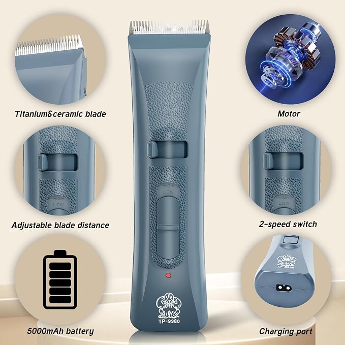 Tife Low Noise Dog Clipper – Cordless Pet Grooming Kit with Rechargeable Battery, Quiet Electric Hair Trimmer for Thick Coats, Adjustable Blade Pet Shaver for Dogs & Cats(Blue)