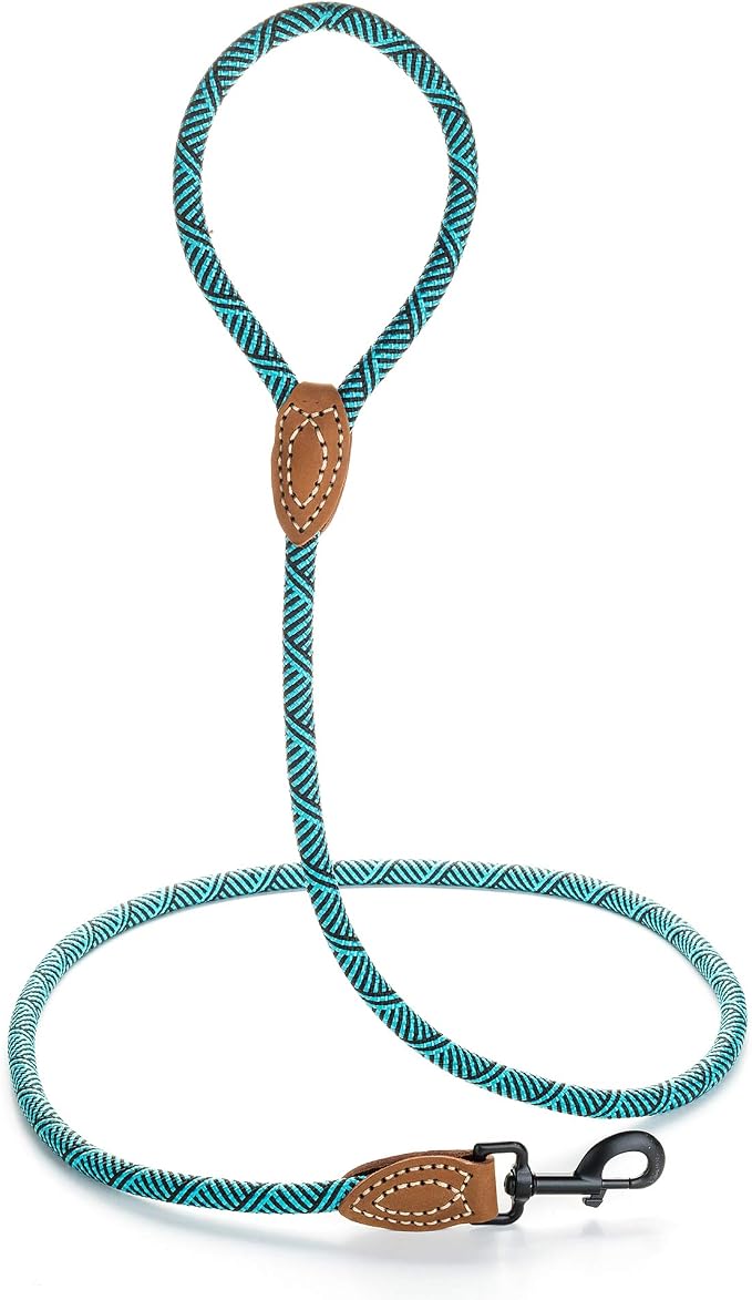 Mile High Life Dog Leash with Genuine Leather Connection, 6 FT/5 FT/4 FT | Rope Leash, Heavy Duty 360° Swivel Metal Clasp, for Small Medium & Large Dogs (Green, 48 Inch)