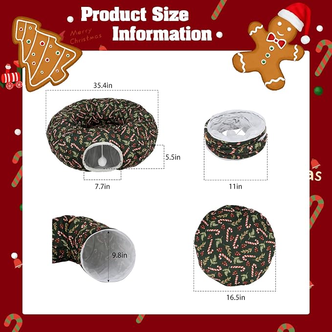 Cat Tunnel Bed Under Christmas Tree, 3x3ft Donut for Cats | Collapsible Polyester Fabric, 9.8in Tube Diameter, Holiday Green & Candy Cane Design for Kittens, Small Animals