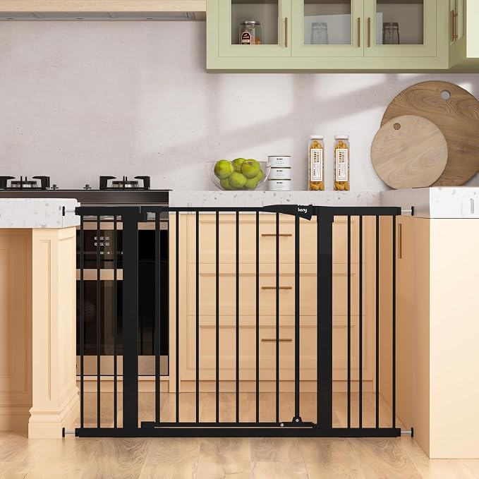 keny 29.7"-46" Baby Gate for Stairs, Auto Close Dog Gates for Doorways | Pressured Mounted No Drilling Pet Gate Extra Wide, One-Hand Opening Dual Lock Stair Gate, Indoor Kids Necessities, Black