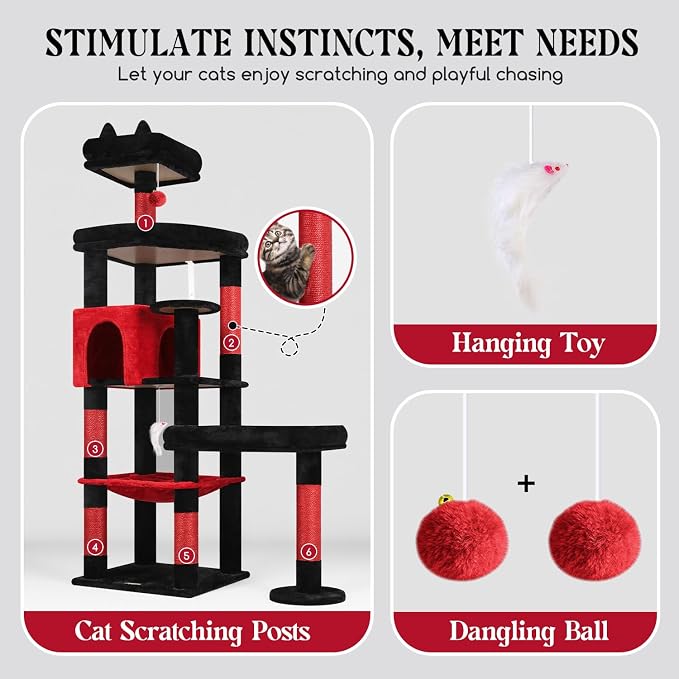 Globlazer Extra Large Platform Gothic Cat Tree, 65in Tall Sturdy Goth Cat Tower for Multiple Indoor Cats, Big Cat Tree for Large Cat with 3 Enlarged Perches, 6 Scratching Posts, Condo, S65, Red Black