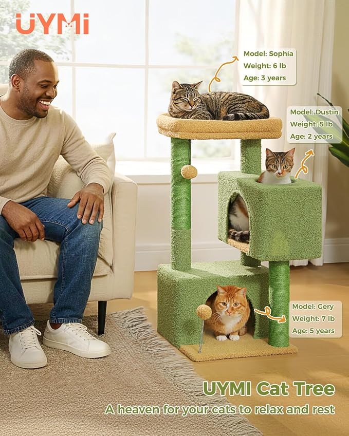 Small Cat Tree for Kittens, 32 in Cat Tower with 2 Cozy Condos | Multi-Level Cat Tree with Scratching Posts, Soft Padded Perch, 2 Dangling Toys