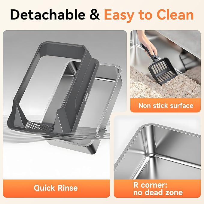 Stainless Steel Litter Box with High Sides, XL | High Sided Cat Litter Pan, Open Top Extra Large Metal Cat Litter Box, Non-Stick, Odor Free, Leakproof, Scoop Included, Gray