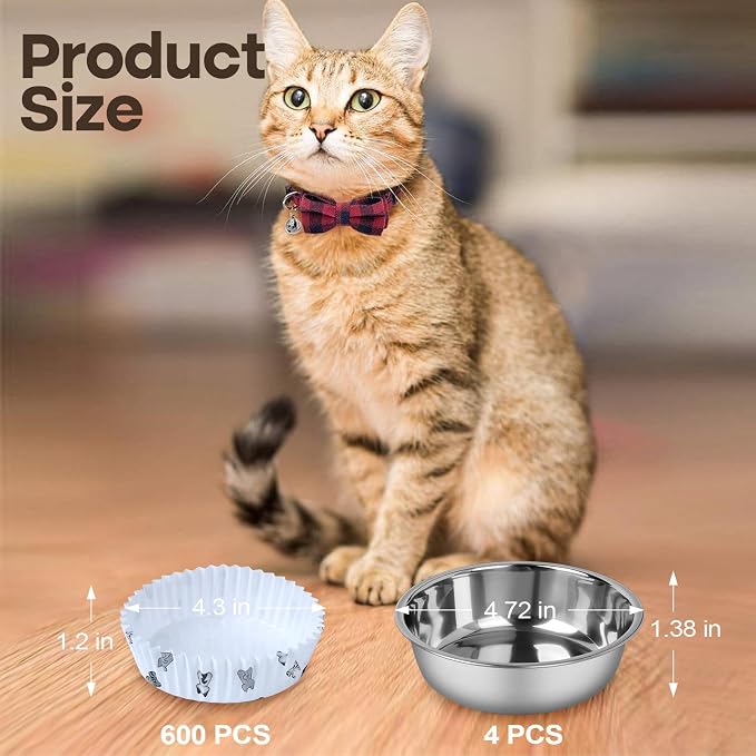 Bulk Disposable Cat Bowls Set (600 Pcs Cat Food Bowl liners + 4 Pcs Stainless Steel Pet Bowls) Small Paper Bowls for Puppy Kitten Small Dogs and Cats, Ideal for Dry & Wet Food (White, Multi-Cat Print)
