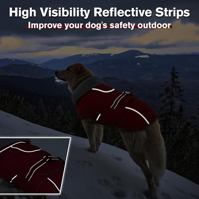 Lelepet Dog Coat Waterproof Dog Jacket Fleece Vest with Adjustable Buckle | Reflective Winter Coats with Adjustable Hook & Loop Closure Cold Weather Coats for Small Medium Large Dogs,Leash Hole Red, M
