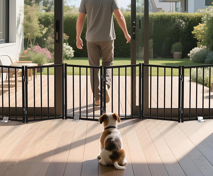 BFNN Small Dog Gate Indoor, Up to 72" W Freestanding Pet/Puppy Fence, Black | Flexible Space Control | Chewproof Steel Frame | 16.5" Step-Over Gate | Foldable | Drill-Free Setup | For Stairs & Doorways