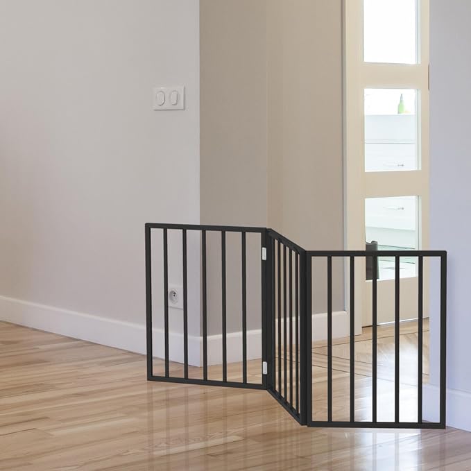 Pet Gate - 3-Panel Indoor Foldable Dog Fence for Stairs, Hallways, or Doorways - 54x24-Inch Wood Freestanding Dog Gates by PETMAKER (Black)