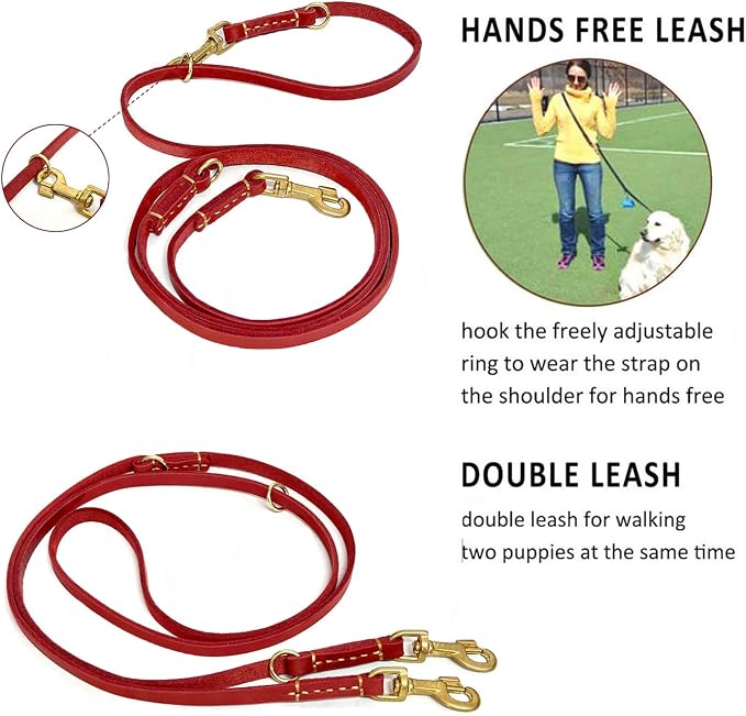 Soft Multi-Function 6 in 1 Leather Training Walking Leash, Hands Free, Dual, Crossbody for Medium and Large Dogs (8 Foot*5/8", Red)