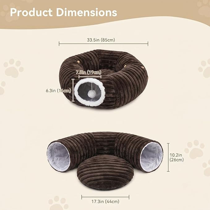 Cat Tunnel Bed Cave - Washable Cushion for Indoor Cats, Peekaboo Hideaway Cave for Indoor Cats, Kittens, Puppies, Rabbits, Luxurious Striped Hare-Feel Fabric, Tunnels for Indoor Cats Large (Coffee)