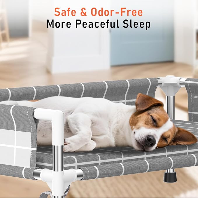 Elevated Dog Bed with Cushion and Three-Sided Fence for Small Medium Dogs | 3-sided safety Guardrail and soft cotton fabric. Anti-slip feet for stable indoor relaxation and outdoor activities