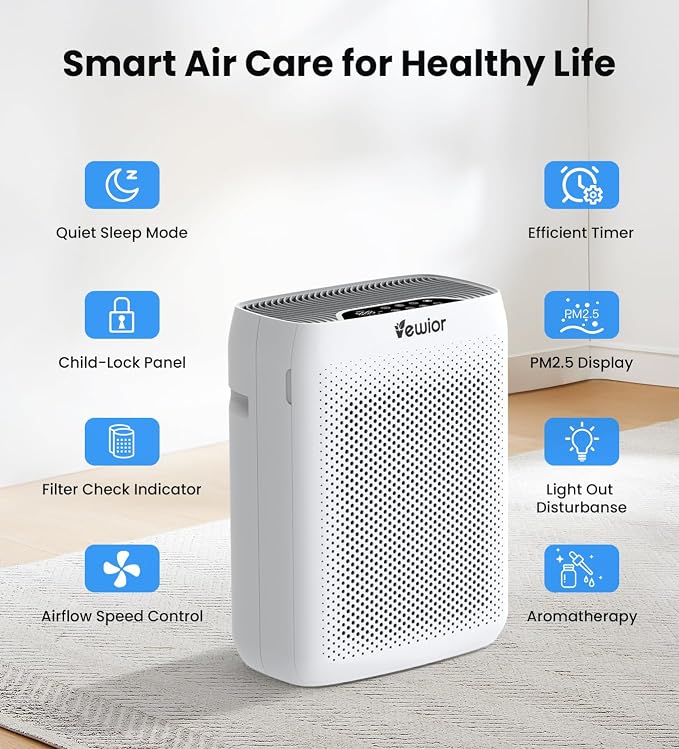 VEWIOR Air Purifiers with Washable Filter for Home Large Room Up to 3000ft² | H13 HEPA Air Cleaner with PM2.5 Display, Sleep Mode, Timer, Aromatherapy, Auto Mode for Smoke, Pet Hair, Wildfire