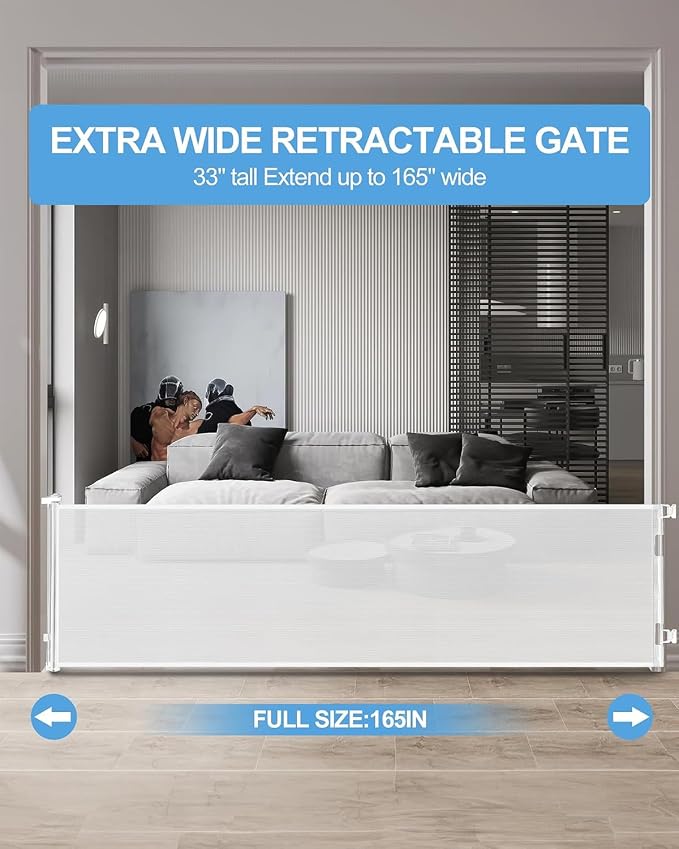 Veraste Retractable Baby Gate,Mesh Baby Extra Wide Gate,Extra Long Dog Gate,33" Tall,Large Extends up to 165" Wide,Child Safety Extra Large Gate for Doorways, Stairs, Indoor/Outdoor（White,33"x165"）