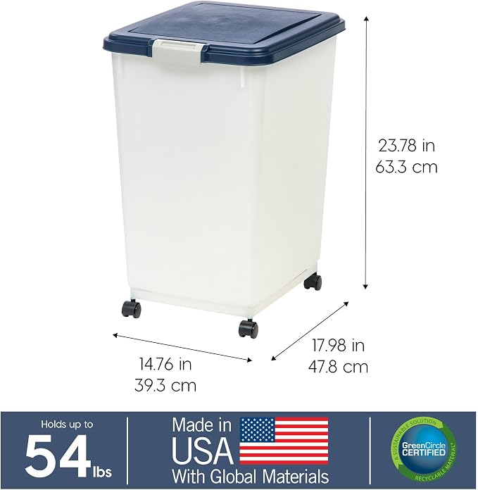 IRIS USA Dog Food Storage Container, Up to 54 lbs, Navy, Made in USA | Wheels for Mobility, Airtight Seal, BPA-Free, Best for Bird Seed, Cat food, Cat Litter, Chicken Feed, Pellets