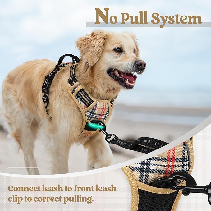 rabbitgoo Dog Harness, No Pull for Large Dogs with 2 Leash Clips, Pet Vest | No Choke with Handle, Adjustable Soft Padded, Reflective, Easy Control for Walking, Beige Plaid, X-Large