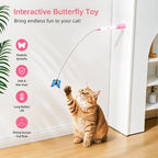 Automatic Butterfly Cat Toy, Interactive Wand with Suction Base | Rechargeable 2-in-1 wand offers handheld or suction-base play, two rotating modes, tap activation, and 3 butterfly refills.