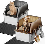 Tripamin 15” XL Stainless Steel Cat Litter Box Enclosure, XXL Stainless Steel High Sides with Lid, Extra Large Metal Cat Litter Box (Transluce+Black, 2-pcs XX-Large)