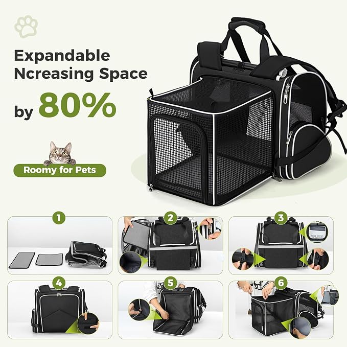Lekereise Expandable Cat Backpack Carrier for Large Cats and Small Dogs up to 20 lbs, 30% More Bottom Space, Up to 80% More Rear Space, Breathable Mesh, Sun Shade, Safety Leash, Hand Carry, Black