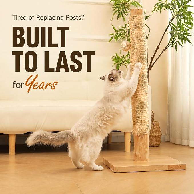 35" Solid Wood Cat Scratching Post, Stop Replacing Cheap Post | 18 lb Heavy Build, Natural Pear Tree Trunk, Beautiful Raw Look, RubberWood Base with Oak Veneer, 1-Year Free Rope Replacement